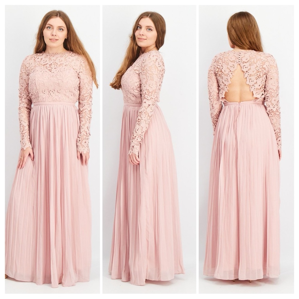Chi Chi London Blush Lace Long Sleeve Gown-Size UK10
